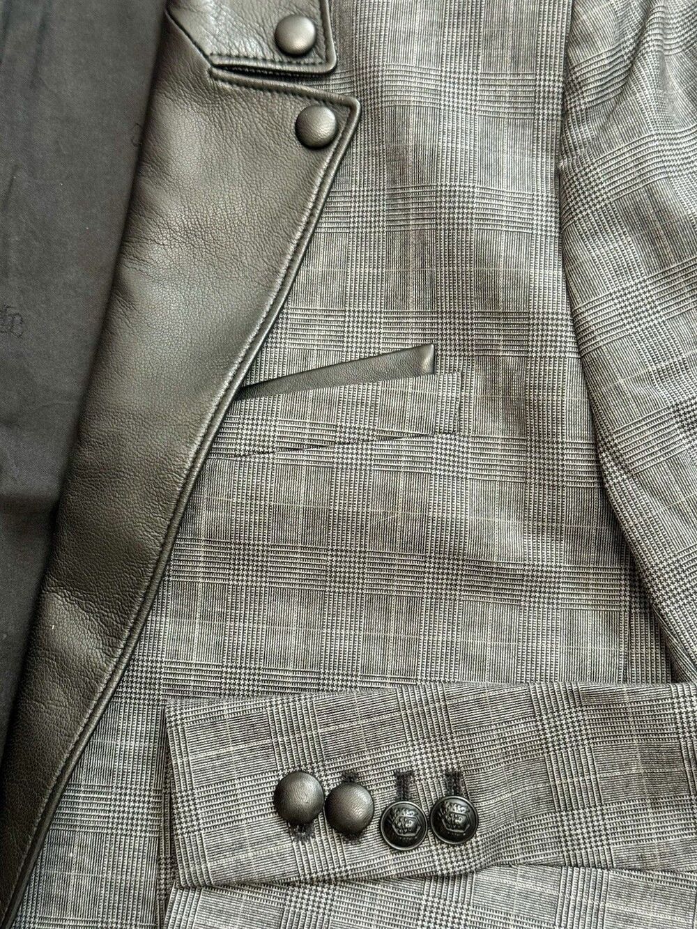 The Kooples Prince De Galles Cropped Blazer Jacket Glen Plaid Leather Trims 40 - Picture 5 of 10